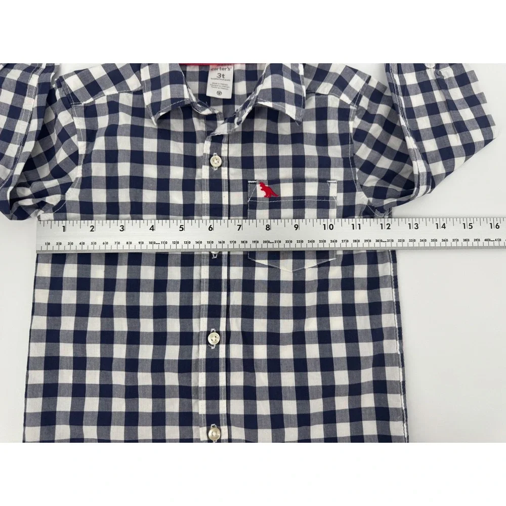 Carters Toddler Boys Navy Gingham Button Down Shirt Dinosaur 3T Long Sleeve